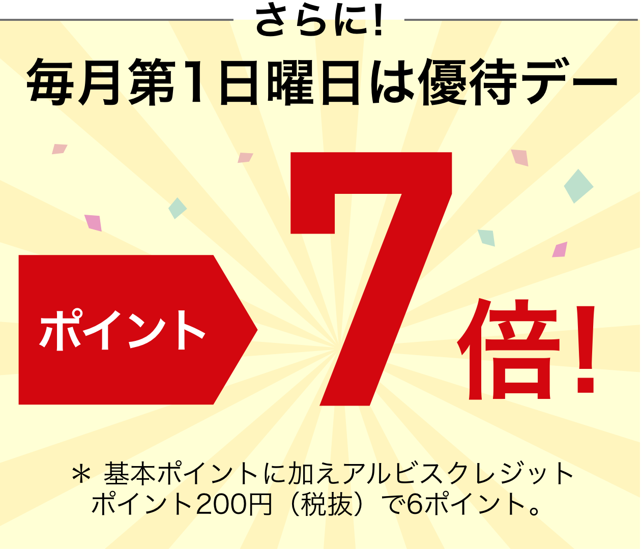 さらに毎月第1日曜日は優待デーポイント7倍 ＊ 基本ポイントに加えアルビスクレジットポイント200円（税抜）で6ポイント。